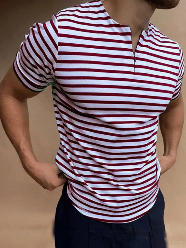 Casual Mens Striped T-shirts Summer Slim Fit Short Sleeve Pullover Tops New Fashion Zipper O-Neck Tee Shirts Men Streetwear