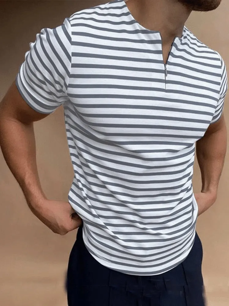 Casual Mens Striped T-shirts Summer Slim Fit Short Sleeve Pullover Tops New Fashion Zipper O-Neck Tee Shirts Men Streetwear