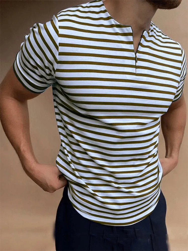 Casual Mens Striped T-shirts Summer Slim Fit Short Sleeve Pullover Tops New Fashion Zipper O-Neck Tee Shirts Men Streetwear