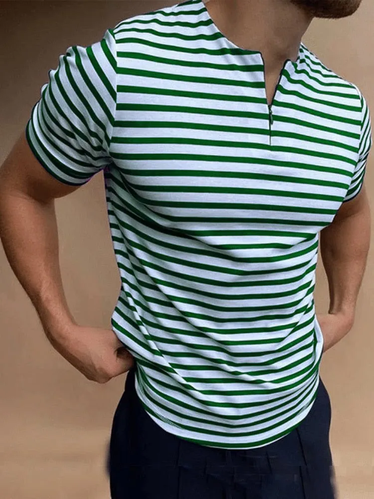 Casual Mens Striped T-shirts Summer Slim Fit Short Sleeve Pullover Tops New Fashion Zipper O-Neck Tee Shirts Men Streetwear