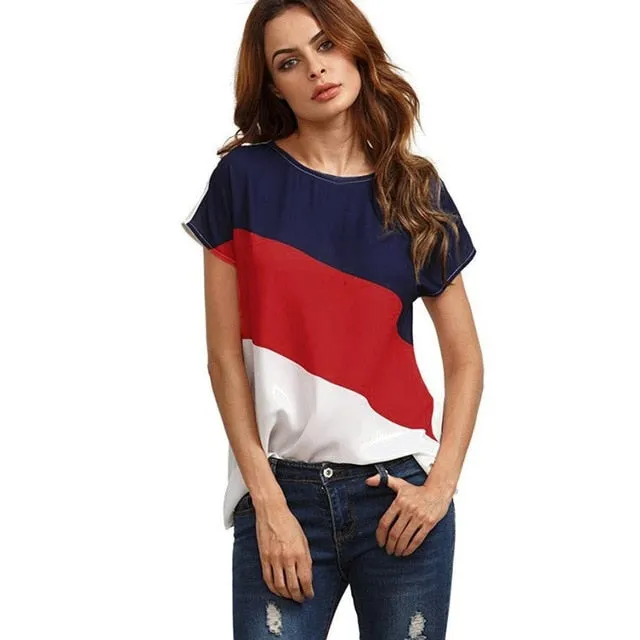 Color Block Top high quality Color Block Chiffon Short Sleeve Casual Tops