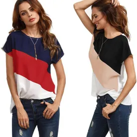 Color Block Top high quality Color Block Chiffon Short Sleeve Casual Tops