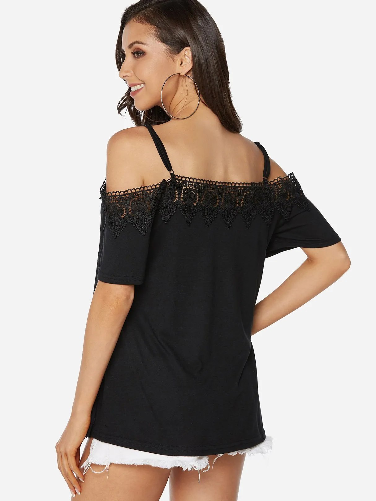Custom Cold Shoulder Plain Lace Half Sleeve Blouses