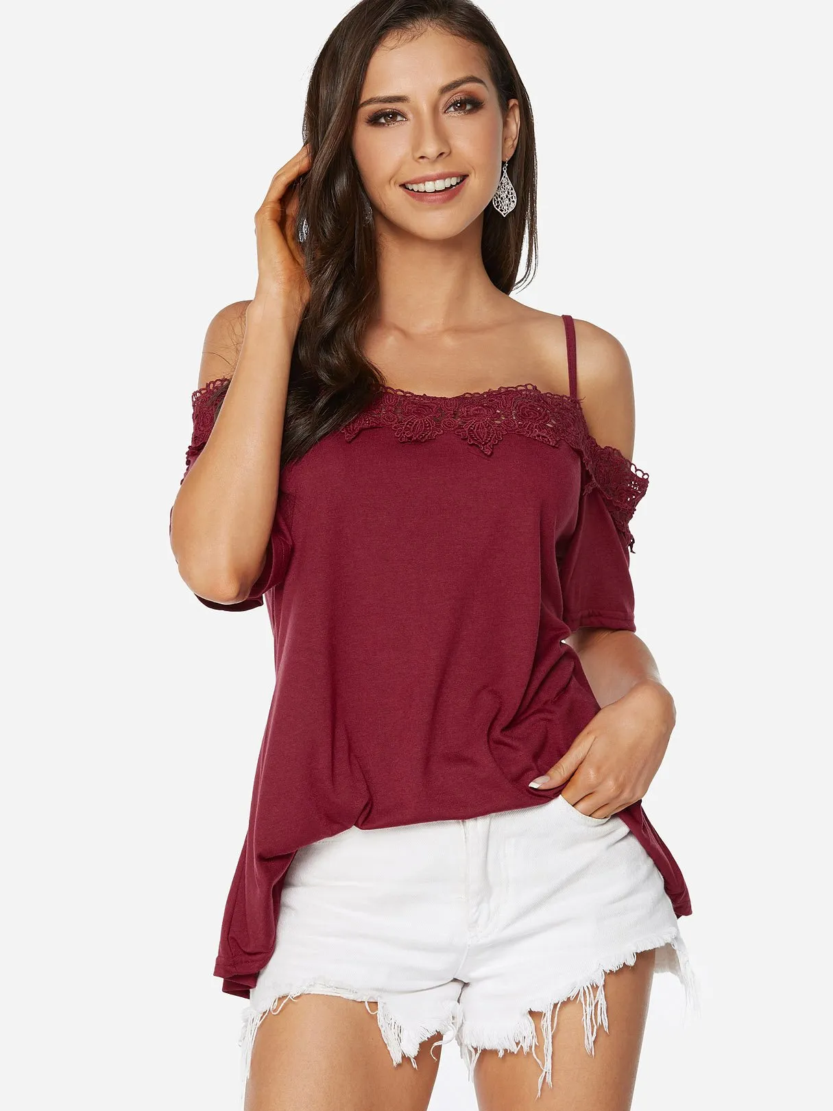 Custom Cold Shoulder Plain Lace Half Sleeve Blouses