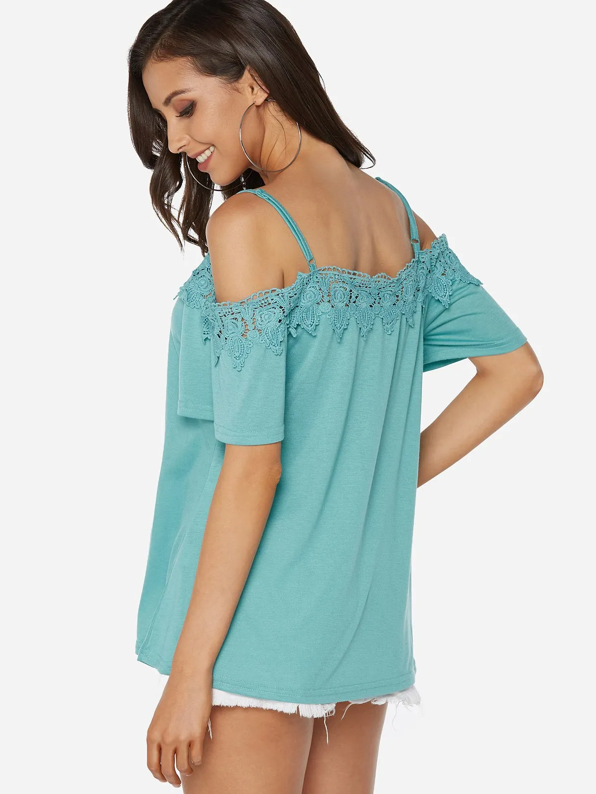 Custom Cold Shoulder Plain Lace Half Sleeve Blouses