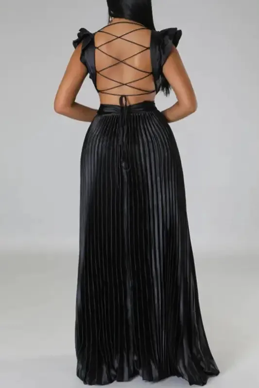 Deep V-neck Backless Lace-up Maxi Dress