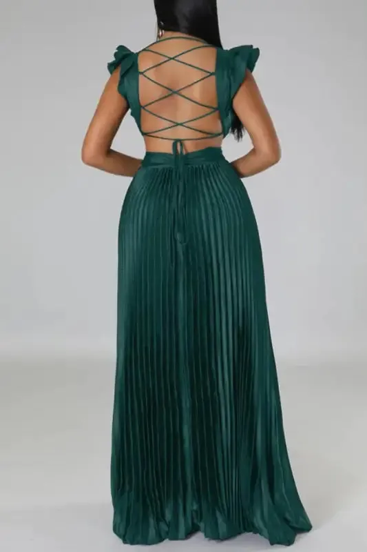 Deep V-neck Backless Lace-up Maxi Dress