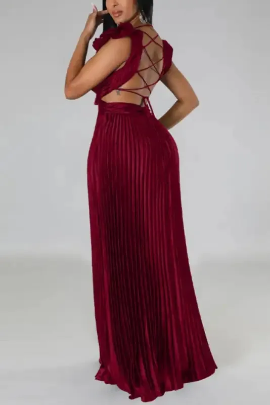 Deep V-neck Backless Lace-up Maxi Dress
