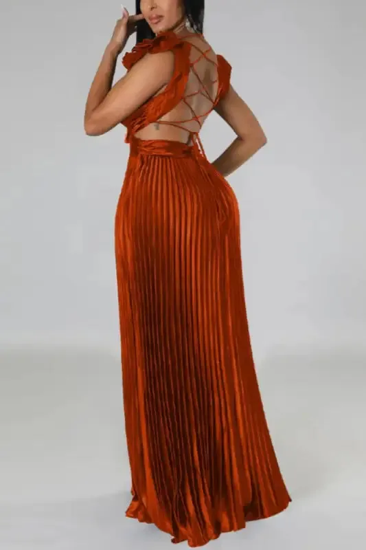 Deep V-neck Backless Lace-up Maxi Dress