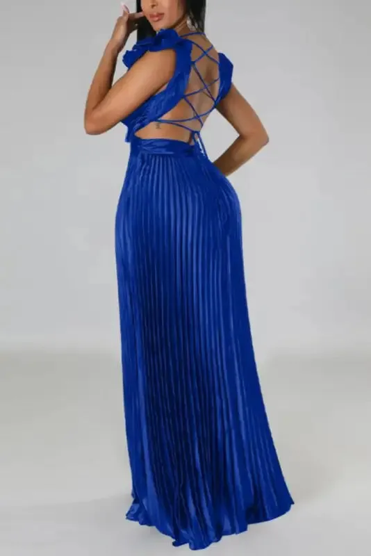 Deep V-neck Backless Lace-up Maxi Dress
