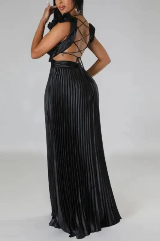 Deep V-neck Backless Lace-up Maxi Dress