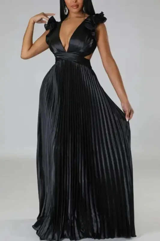 Deep V-neck Backless Lace-up Maxi Dress