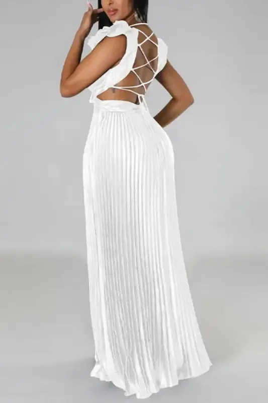 Deep V-neck Backless Lace-up Maxi Dress