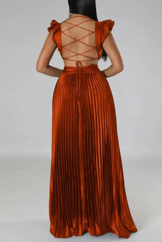 Deep V-neck Backless Lace-up Maxi Dress