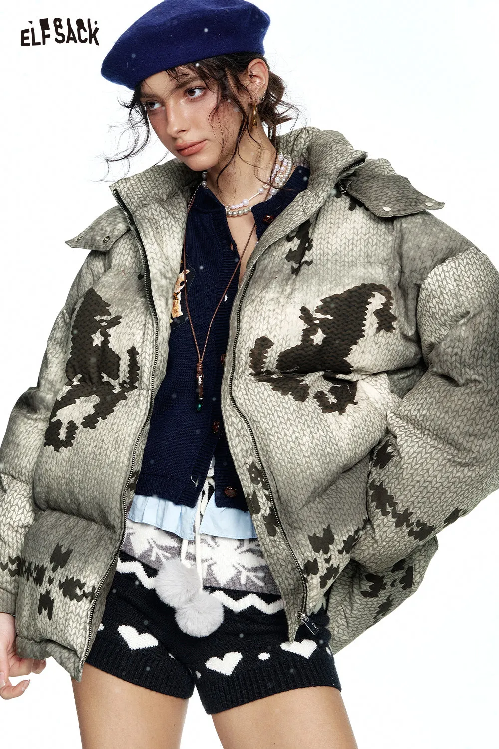 ELFSACK 2024 Winter New Arrivals Fair Isle warm grey hooded down jacket for women