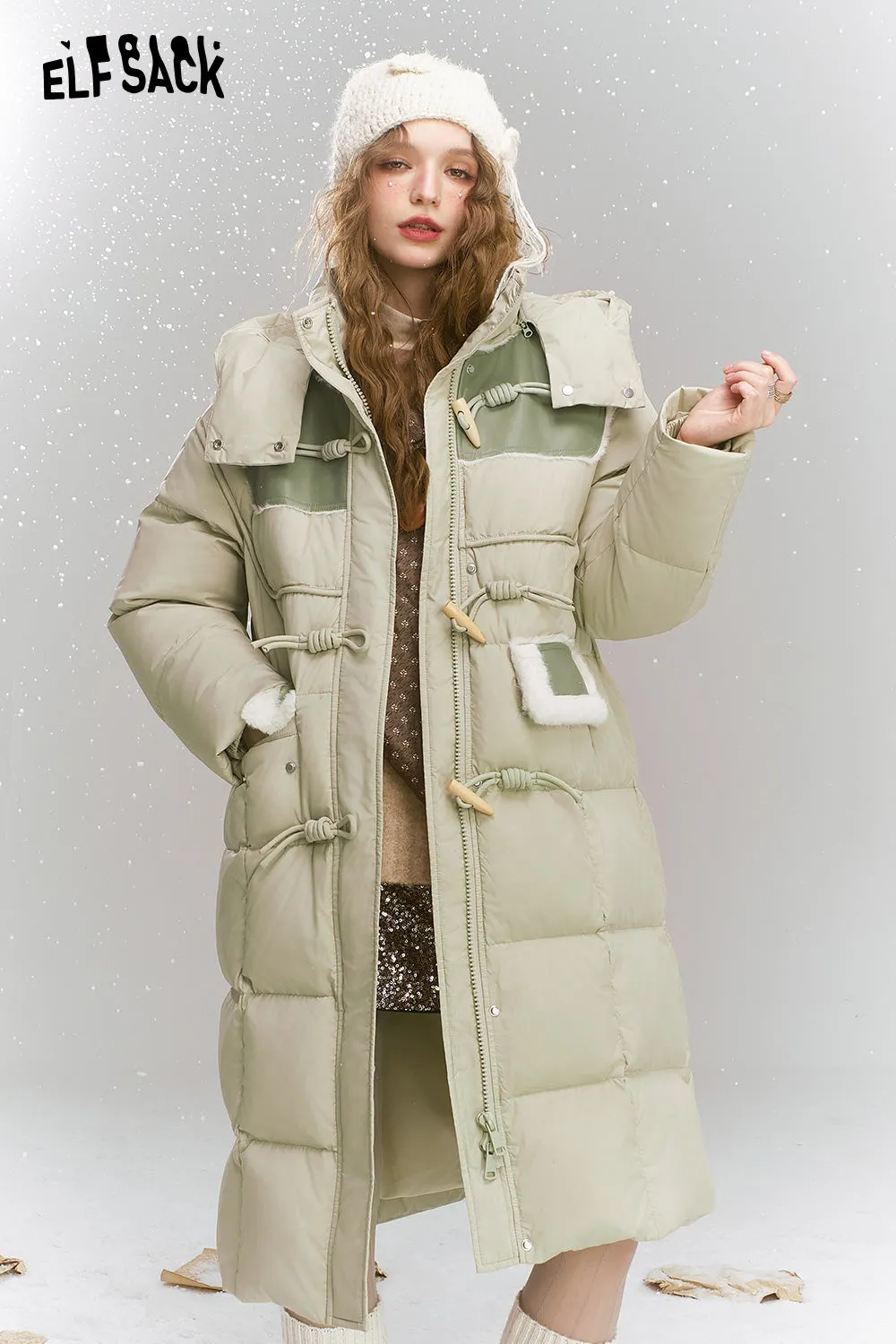 ELFSACK 2024 Winter New Arrivals Loose retro print medium long hooded warm down jacket for women