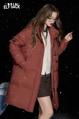 ELFSACK 2024 Winter New Arrivals Retro simple mid-length hooded down jacket for women warm and thick