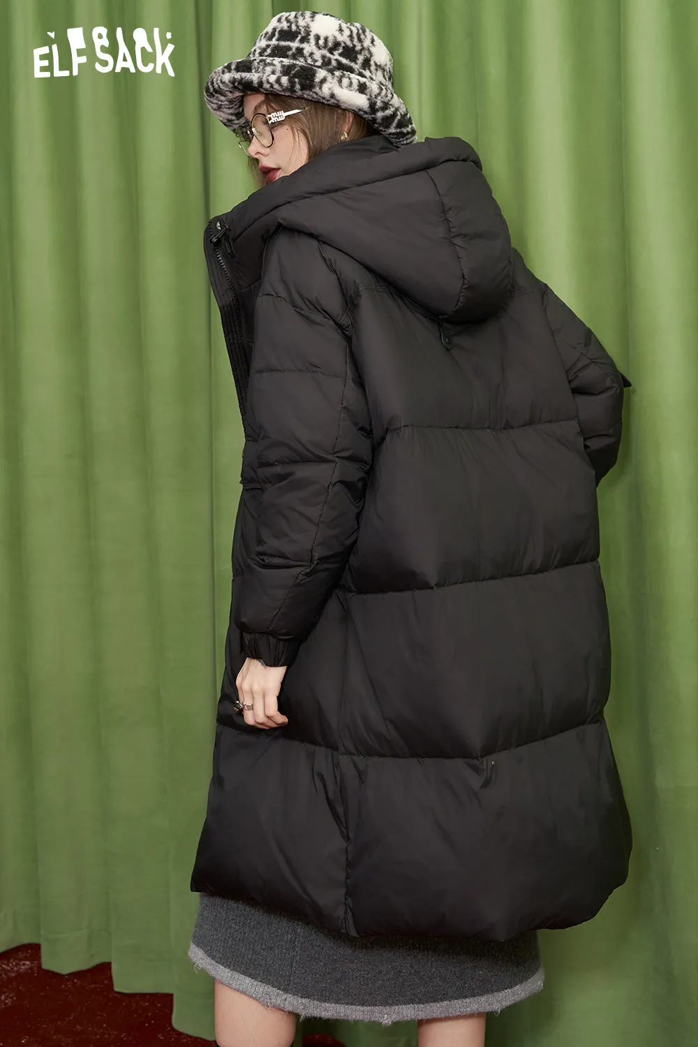 ELFSACK 2024 Winter New Arrivals Retro simple mid-length hooded down jacket for women warm and thick