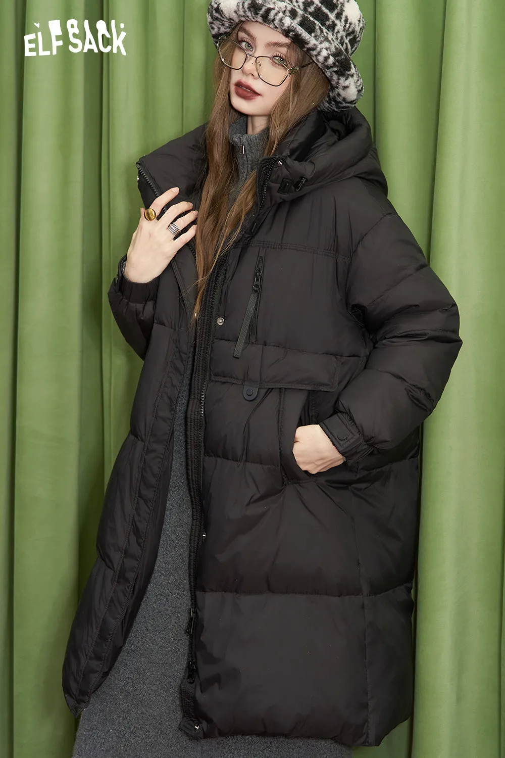 ELFSACK 2024 Winter New Arrivals Retro simple mid-length hooded down jacket for women warm and thick