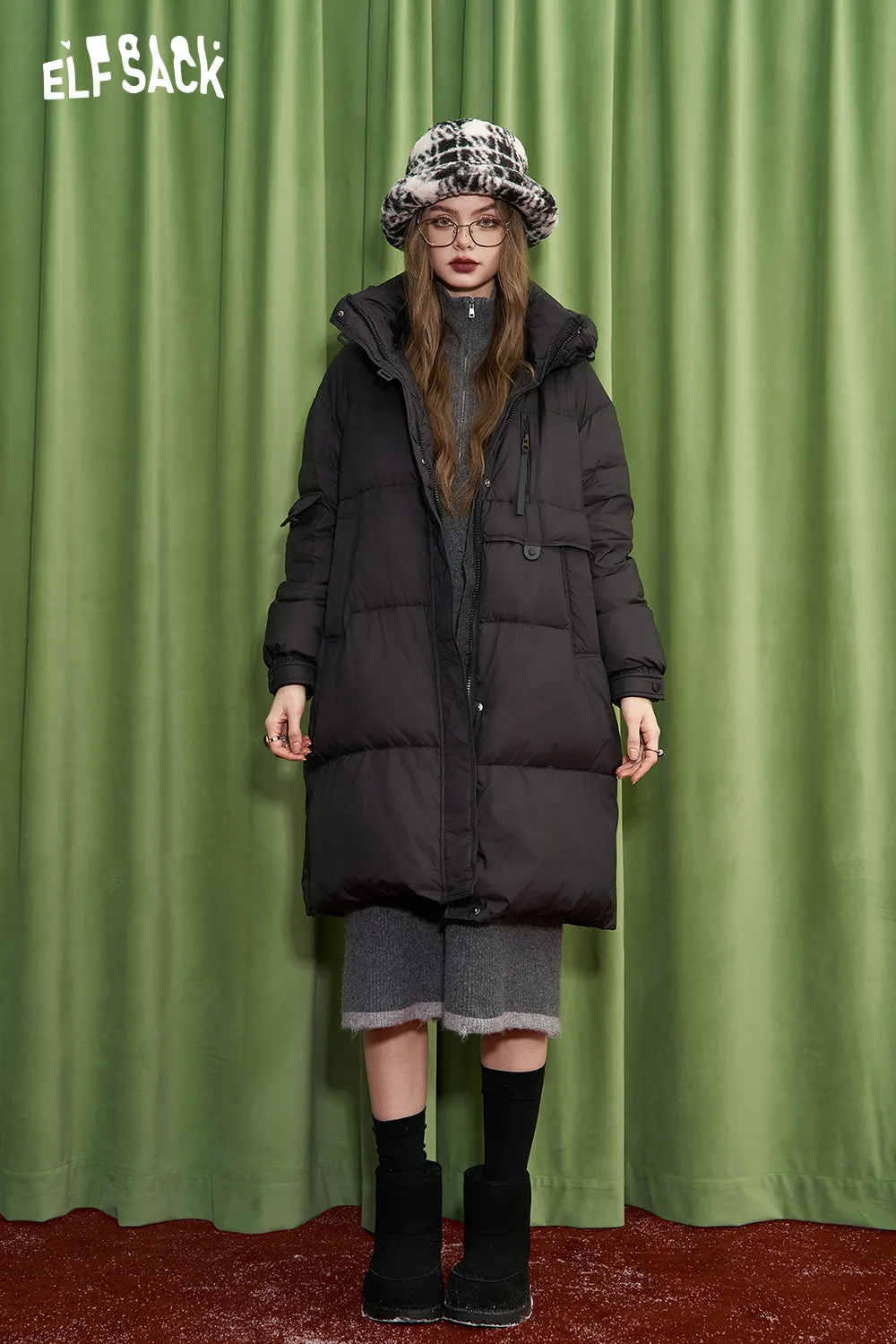 ELFSACK 2024 Winter New Arrivals Retro simple mid-length hooded down jacket for women warm and thick