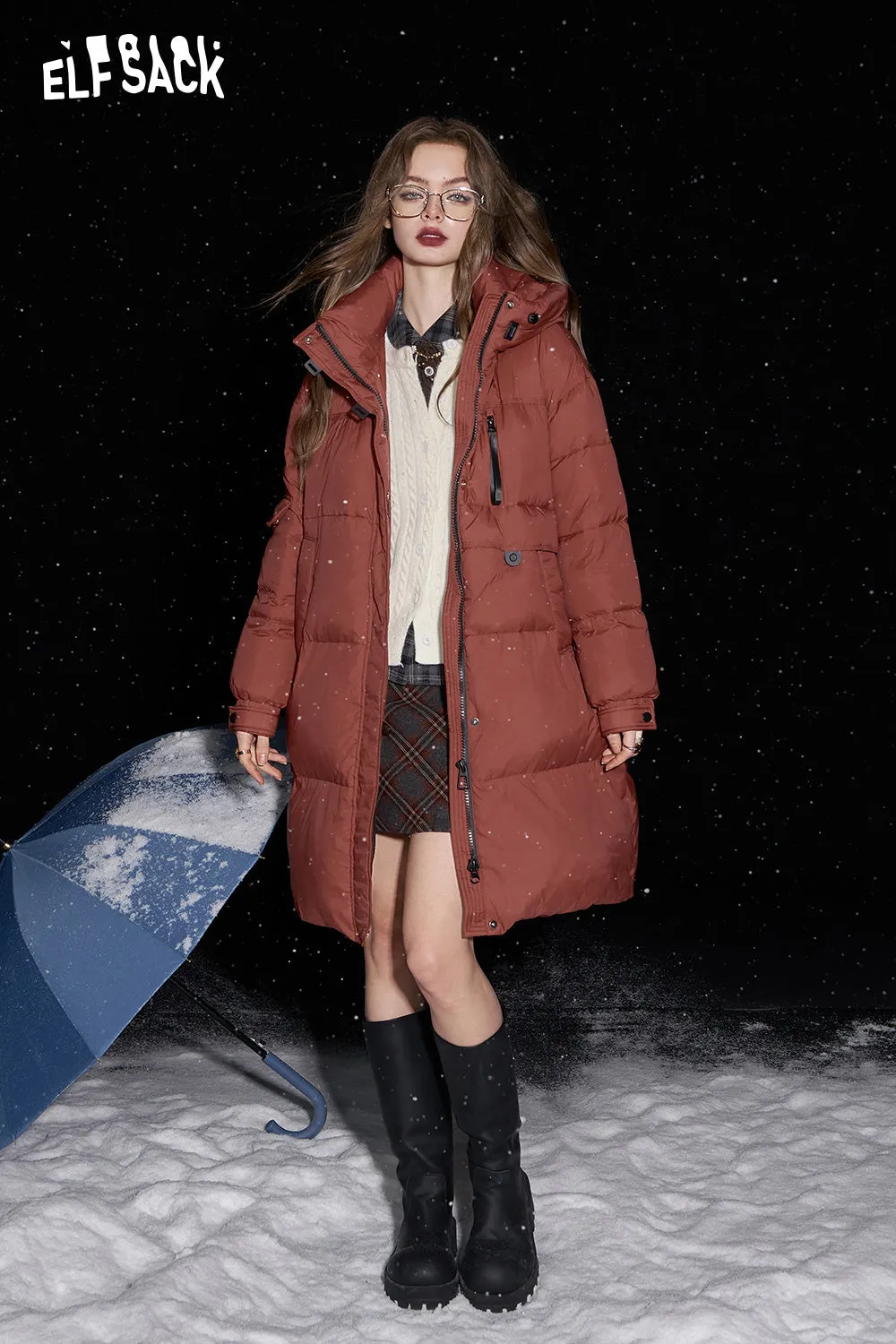 ELFSACK 2024 Winter New Arrivals Retro simple mid-length hooded down jacket for women warm and thick