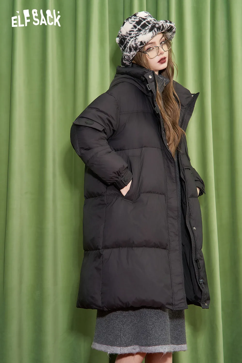 ELFSACK 2024 Winter New Arrivals Retro simple mid-length hooded down jacket for women warm and thick