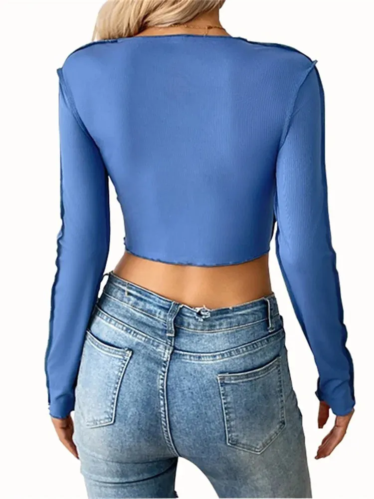 FashionSierra - Patchwork Casual Long Sleeve O-Neck Knitted Ribbed Spring Autumn Streetwear Tee
