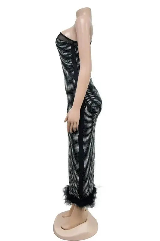 Fishing For Likes One Shoulder Rhinestone Studded Feather Hem Dress (S-2XL)