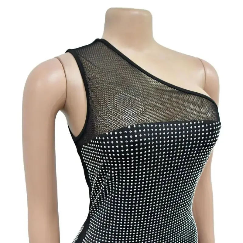 Fishing For Likes One Shoulder Rhinestone Studded Feather Hem Dress (S-2XL)