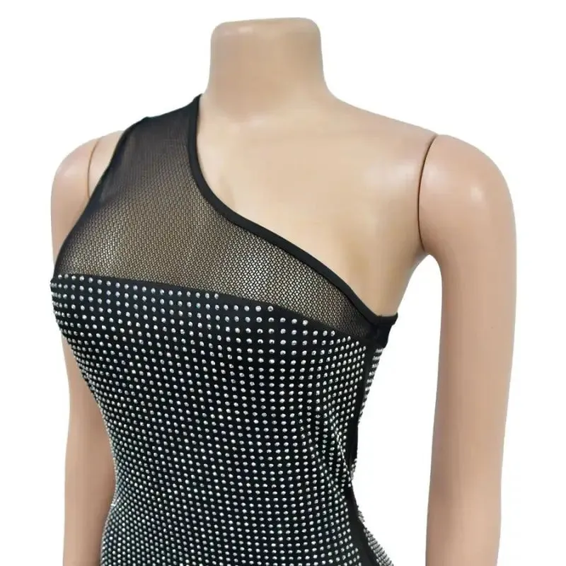 Fishing For Likes One Shoulder Rhinestone Studded Feather Hem Dress (S-2XL)