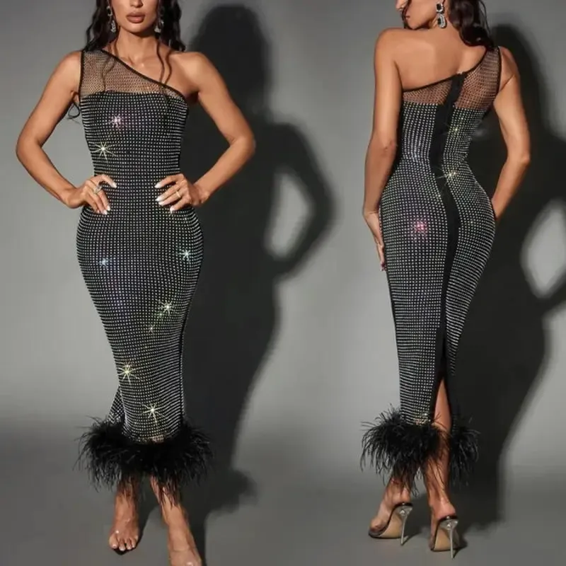 Fishing For Likes One Shoulder Rhinestone Studded Feather Hem Dress (S-2XL)