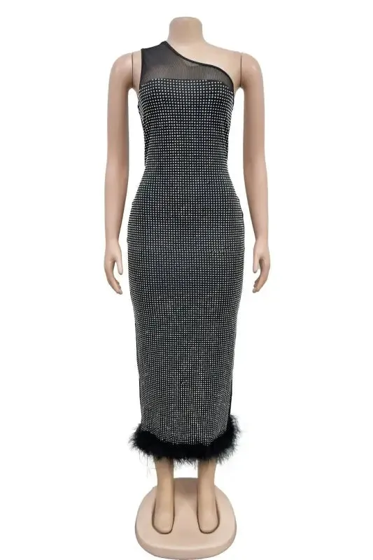 Fishing For Likes One Shoulder Rhinestone Studded Feather Hem Dress (S-2XL)