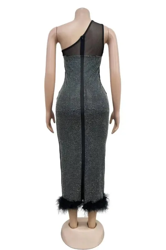 Fishing For Likes One Shoulder Rhinestone Studded Feather Hem Dress (S-2XL)