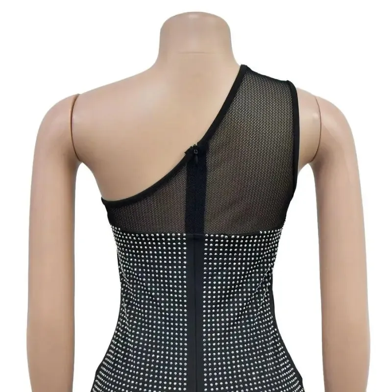 Fishing For Likes One Shoulder Rhinestone Studded Feather Hem Dress (S-2XL)