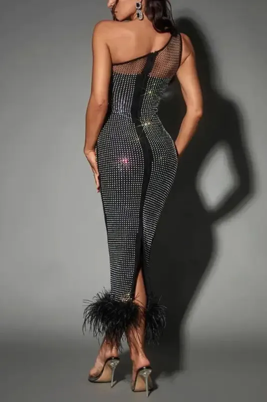 Fishing For Likes One Shoulder Rhinestone Studded Feather Hem Dress (S-2XL)