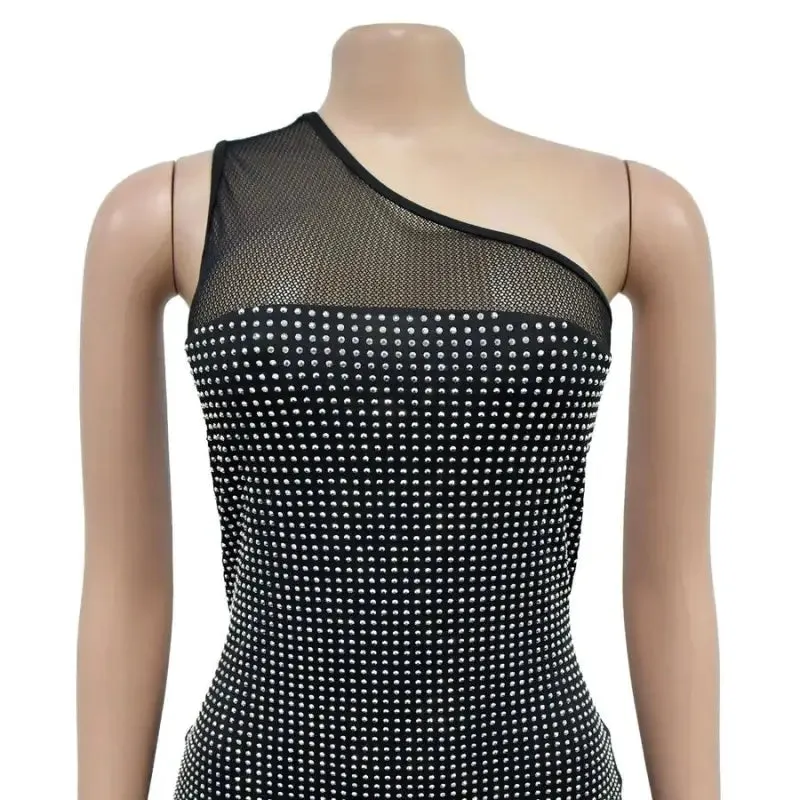 Fishing For Likes One Shoulder Rhinestone Studded Feather Hem Dress (S-2XL)