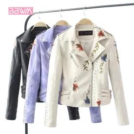 Floral Spring Jacket Embroidered rivet leather female