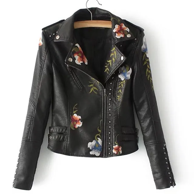 Floral Spring Jacket Embroidered rivet leather female