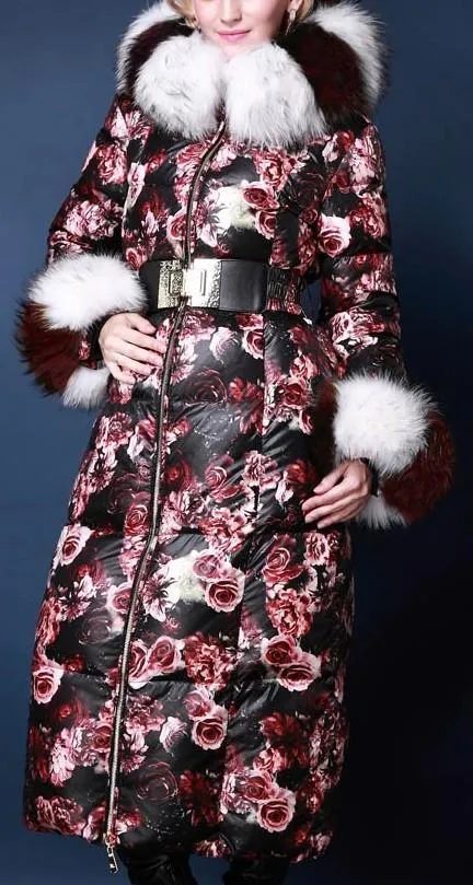 Genuine Fox Fur Floral Print Satin White Goose Down Coat