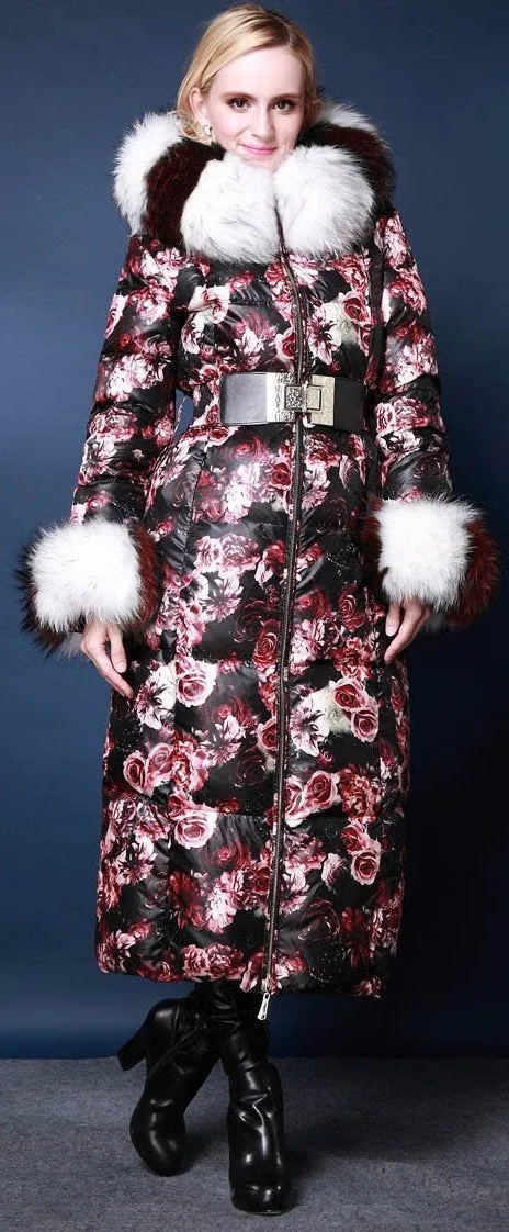 Genuine Fox Fur Floral Print Satin White Goose Down Coat