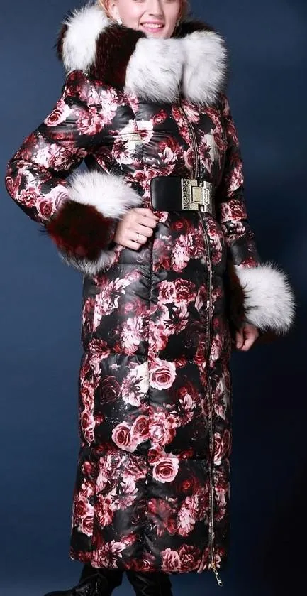 Genuine Fox Fur Floral Print Satin White Goose Down Coat