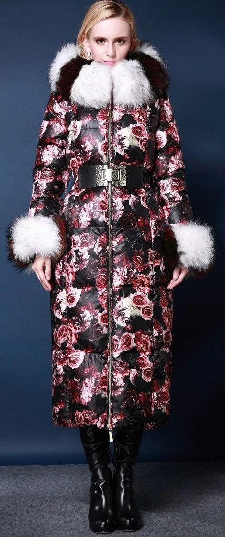 Genuine Fox Fur Floral Print Satin White Goose Down Coat