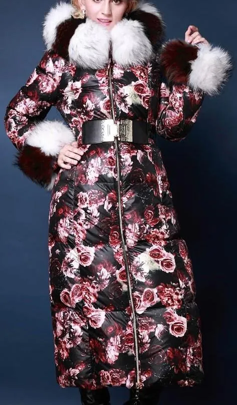 Genuine Fox Fur Floral Print Satin White Goose Down Coat
