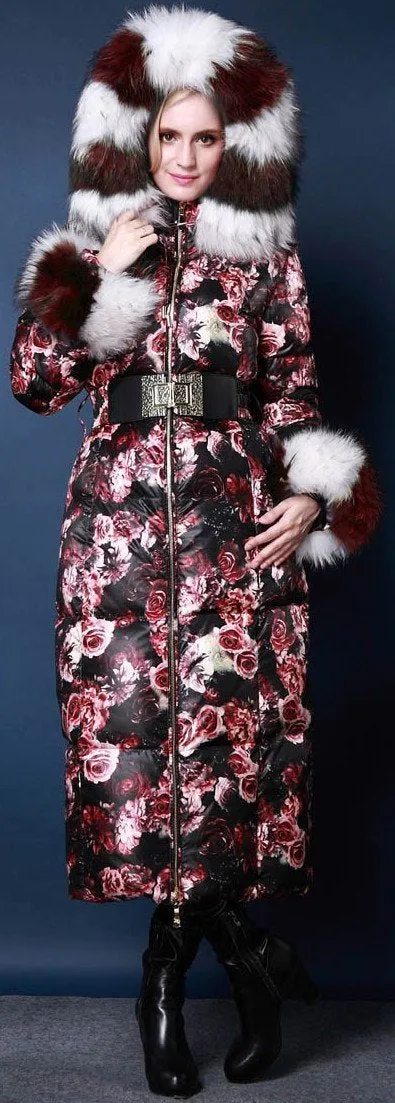 Genuine Fox Fur Floral Print Satin White Goose Down Coat