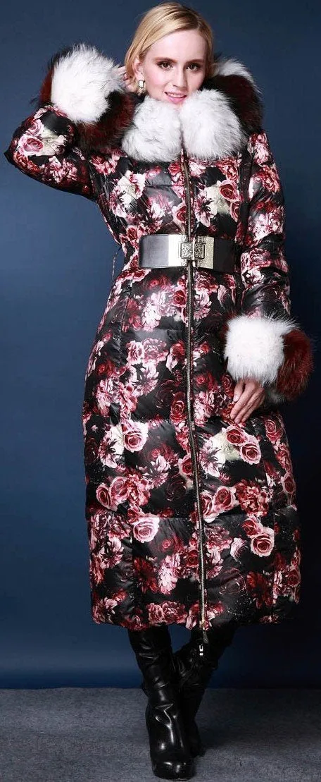 Genuine Fox Fur Floral Print Satin White Goose Down Coat