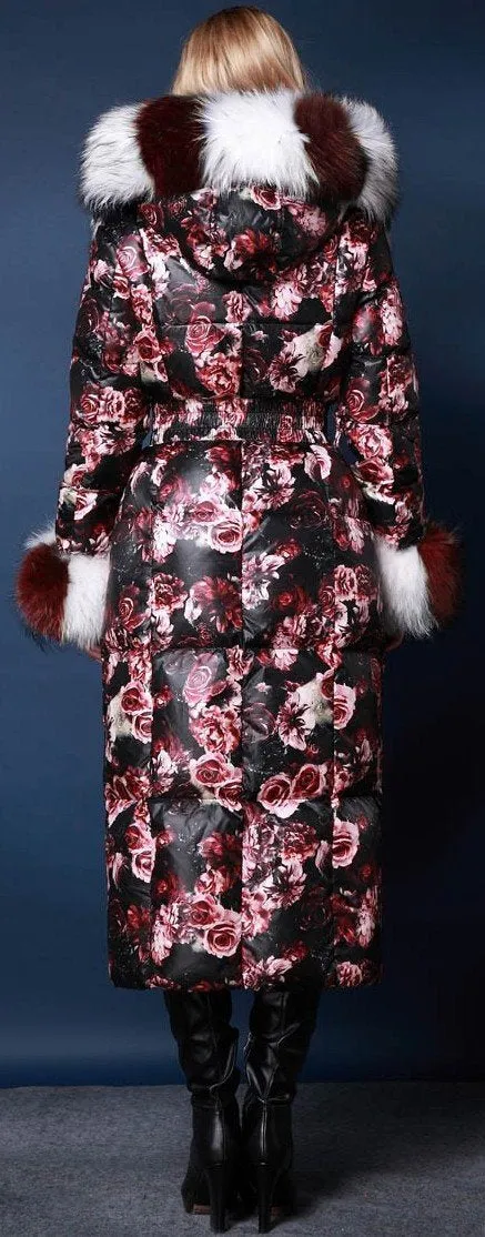Genuine Fox Fur Floral Print Satin White Goose Down Coat