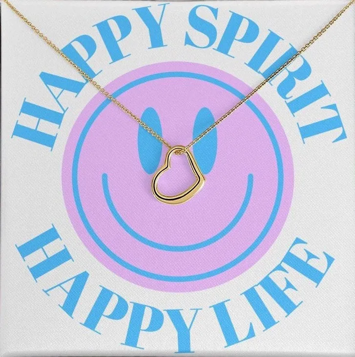Happy Spirit Happy Life 14K Gold Minimalist Heart Necklace, Gold Heart Smile Necklace, Inspiration Necklace Gift, Vsco Girl, Happy Mind Gift