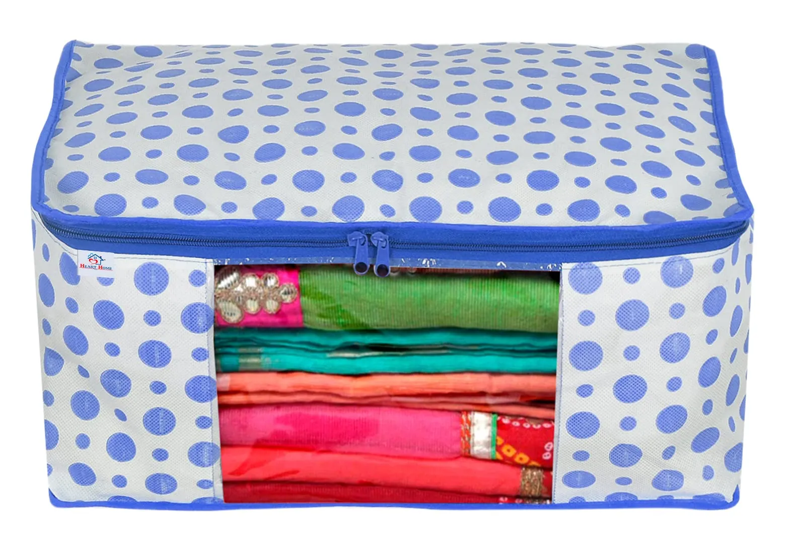 Heart Home Dot Printed Non-Woven Blouse & Saree Cover, Cloth Organizer Set, Wardrobe Organiser With Tranasparent Window- Pack of 6 (Blue)-46HH0470