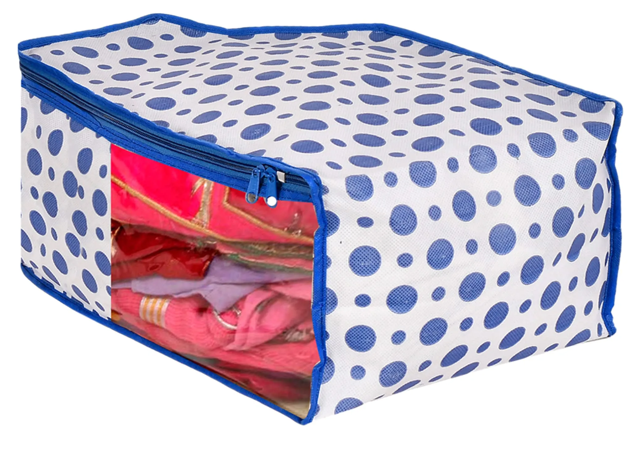 Heart Home Dot Printed Non-Woven Blouse & Saree Cover, Cloth Organizer Set, Wardrobe Organiser With Tranasparent Window- Pack of 6 (Blue)-46HH0470