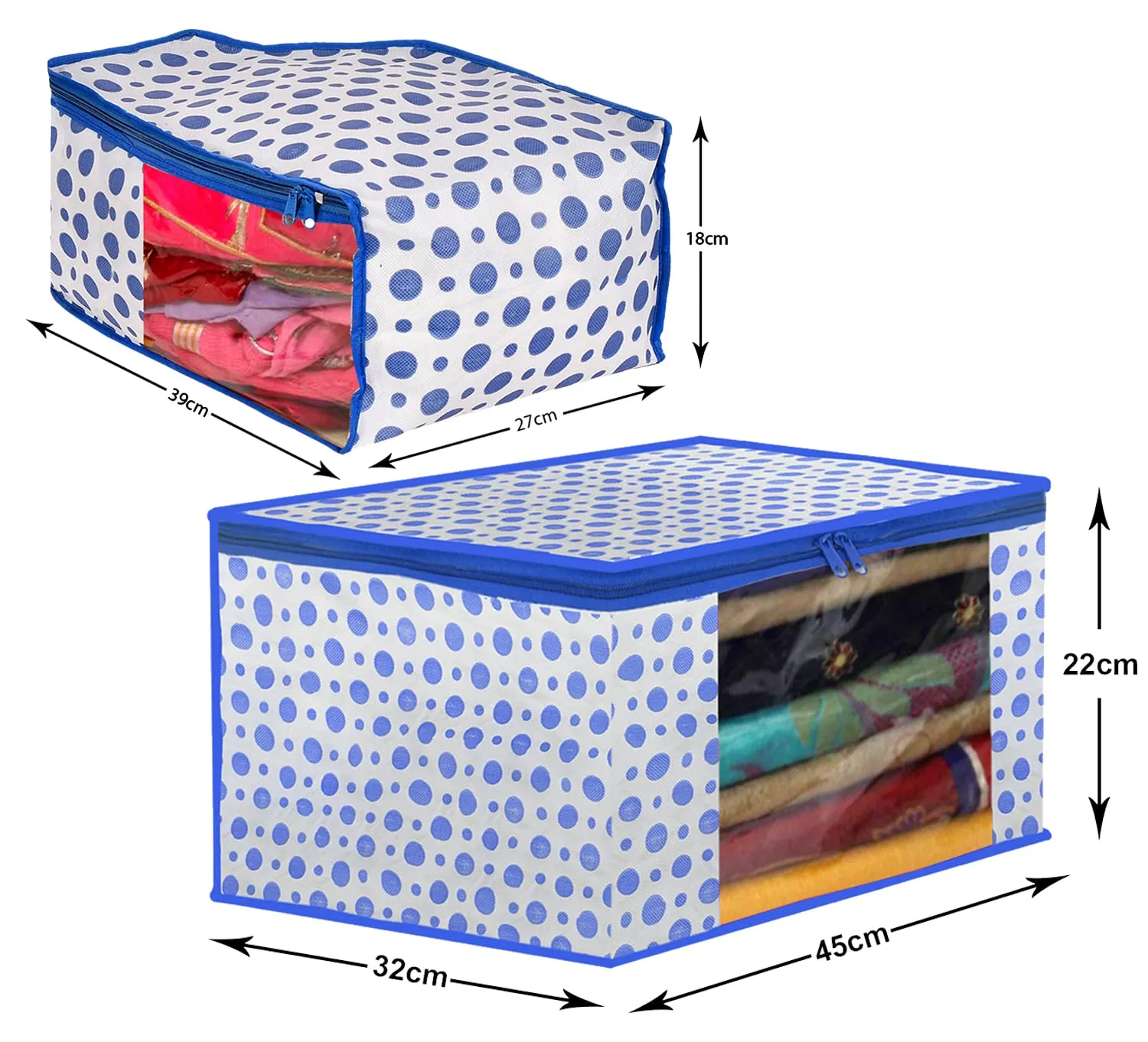 Heart Home Dot Printed Non-Woven Blouse & Saree Cover, Cloth Organizer Set, Wardrobe Organiser With Tranasparent Window- Pack of 6 (Blue)-46HH0470